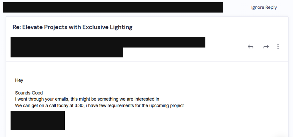 A redacted real reply from an enterprise prospect asking for a call the same day